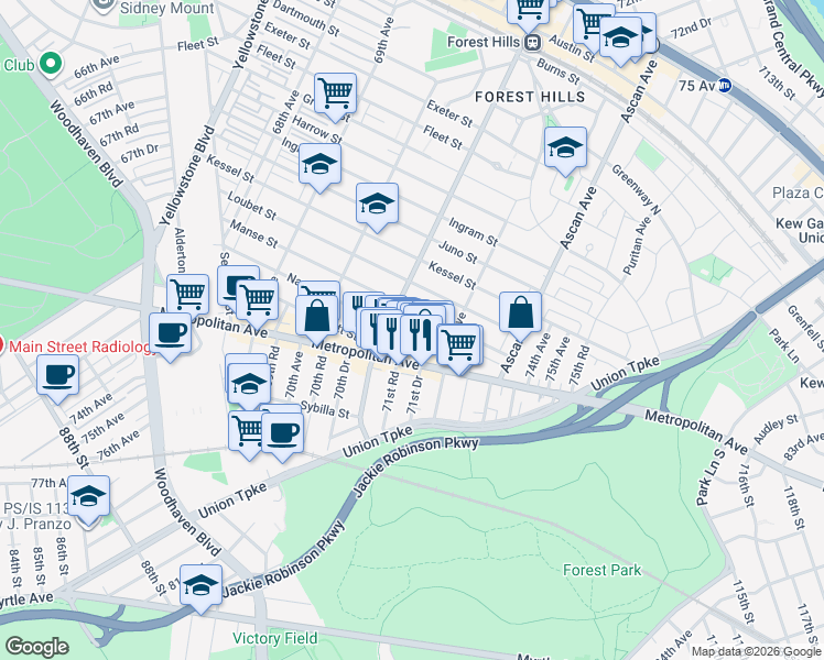 map of restaurants, bars, coffee shops, grocery stores, and more near 71-12 Manse Street in Queens