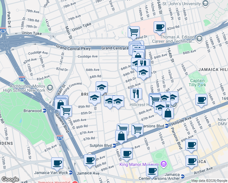 map of restaurants, bars, coffee shops, grocery stores, and more near 144-51 85th Avenue in Queens
