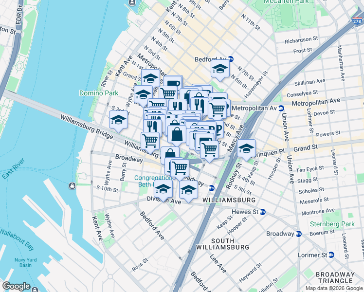 map of restaurants, bars, coffee shops, grocery stores, and more near 185 South 4th Street in Brooklyn
