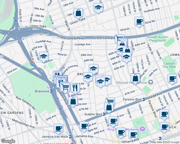 map of restaurants, bars, coffee shops, grocery stores, and more near 143-25 84th Drive in Queens