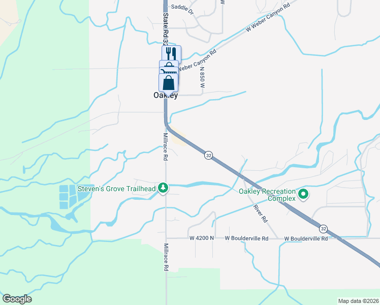 map of restaurants, bars, coffee shops, grocery stores, and more near 4627 Utah 32 in Oakley