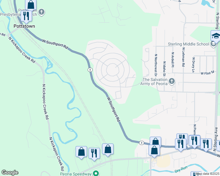 map of restaurants, bars, coffee shops, grocery stores, and more near 3408 Royal Drive in Peoria