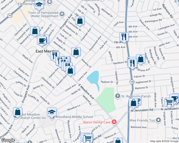 map of restaurants, bars, coffee shops, grocery stores, and more near 1864 Lenox Avenue in East Meadow