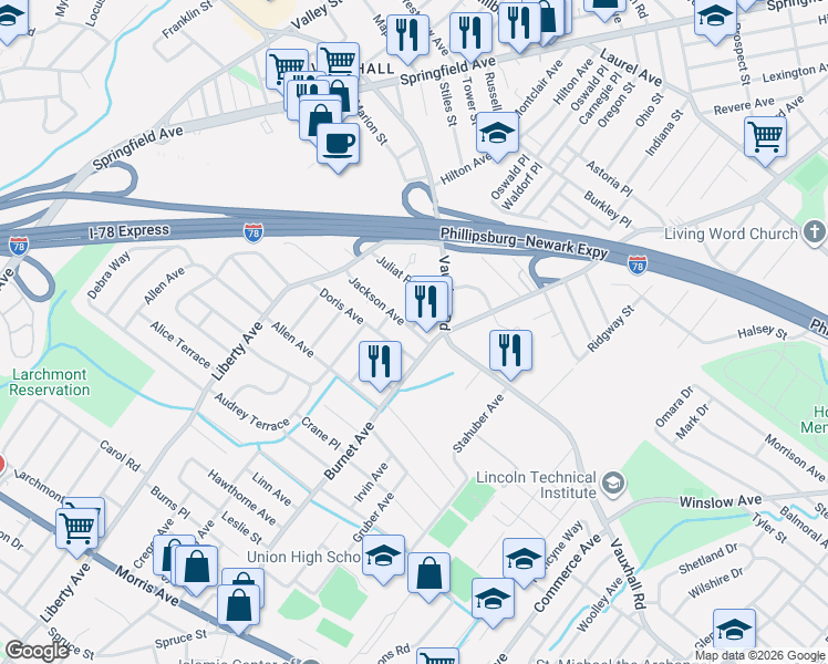 map of restaurants, bars, coffee shops, grocery stores, and more near 2527 Jackson Avenue in Union