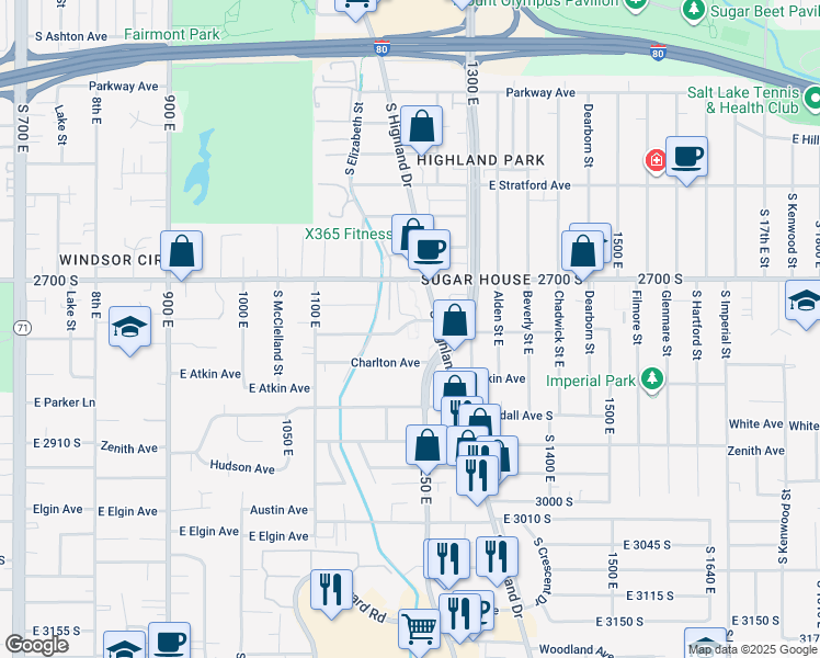 map of restaurants, bars, coffee shops, grocery stores, and more near 1182 East 2700 South in Salt Lake City