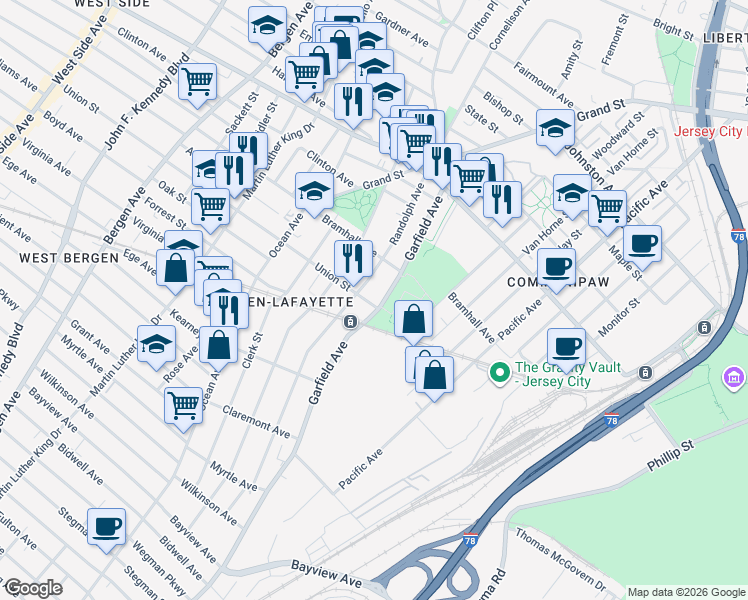 map of restaurants, bars, coffee shops, grocery stores, and more near 246 Randolph Avenue in Jersey City