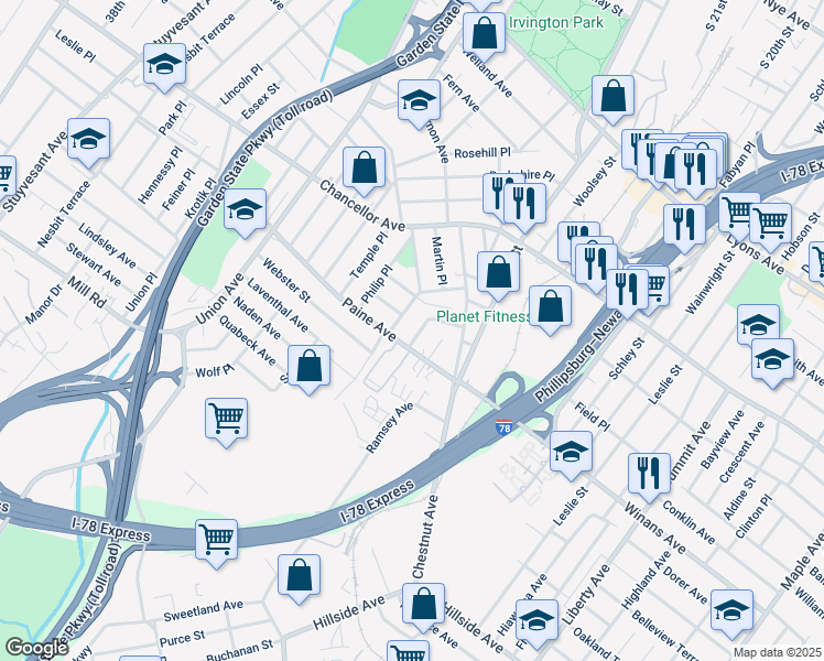 map of restaurants, bars, coffee shops, grocery stores, and more near 28 Dupont Place in Irvington
