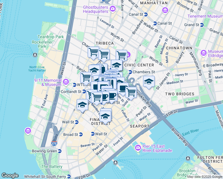 map of restaurants, bars, coffee shops, grocery stores, and more near 1 Beekman Street in New York
