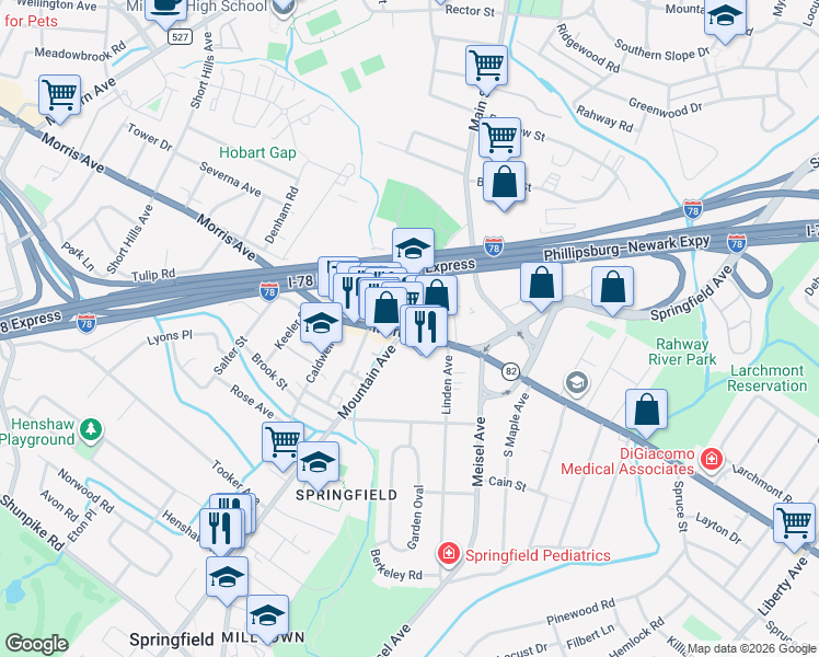 map of restaurants, bars, coffee shops, grocery stores, and more near in Springfield