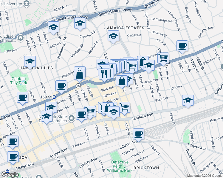 map of restaurants, bars, coffee shops, grocery stores, and more near 8805 178th Street in Queens