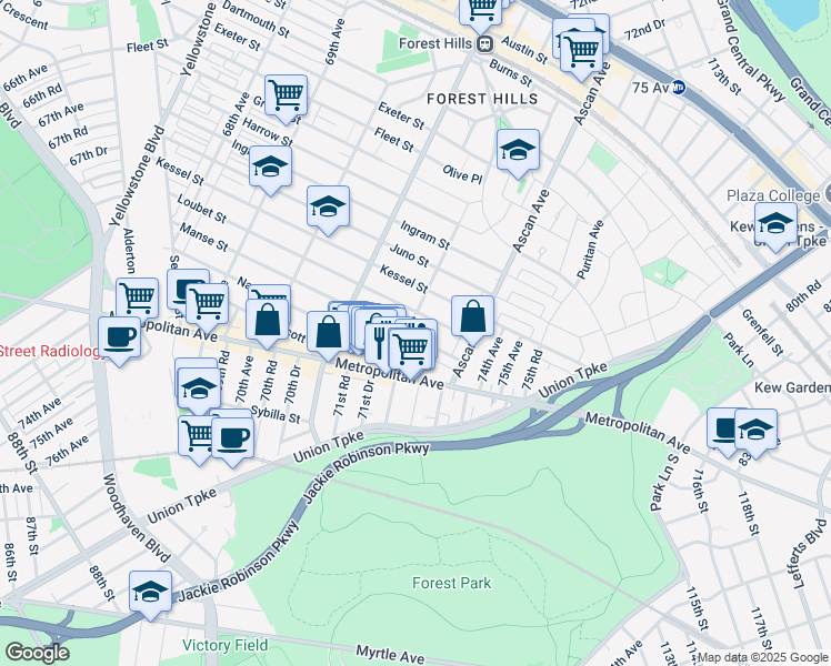 map of restaurants, bars, coffee shops, grocery stores, and more near 71-51 Manse Street in Queens