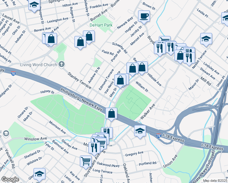 map of restaurants, bars, coffee shops, grocery stores, and more near 1630 Stuyvesant Avenue in Union