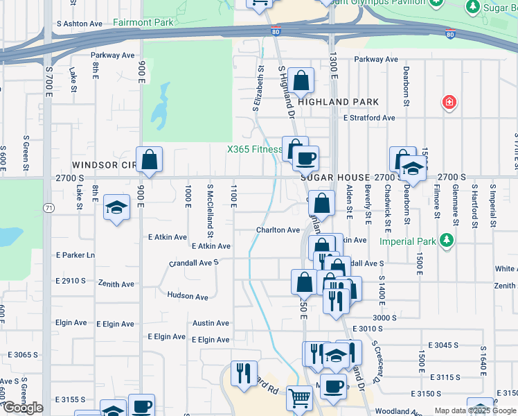 map of restaurants, bars, coffee shops, grocery stores, and more near 1150 East 2700 South in Salt Lake City