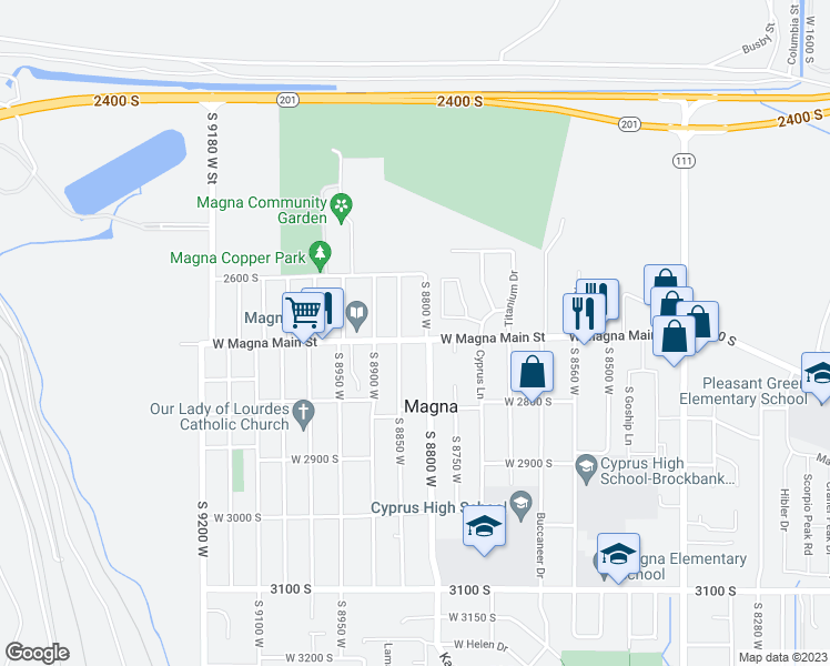 map of restaurants, bars, coffee shops, grocery stores, and more near 8820 West Magna Main Street in Magna