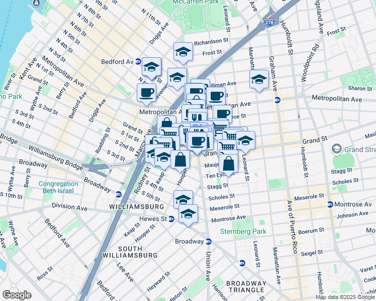map of restaurants, bars, coffee shops, grocery stores, and more near 184 Hope Street in Brooklyn