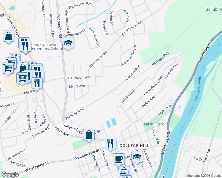 map of restaurants, bars, coffee shops, grocery stores, and more near 406 Paxinosa Road East in Easton