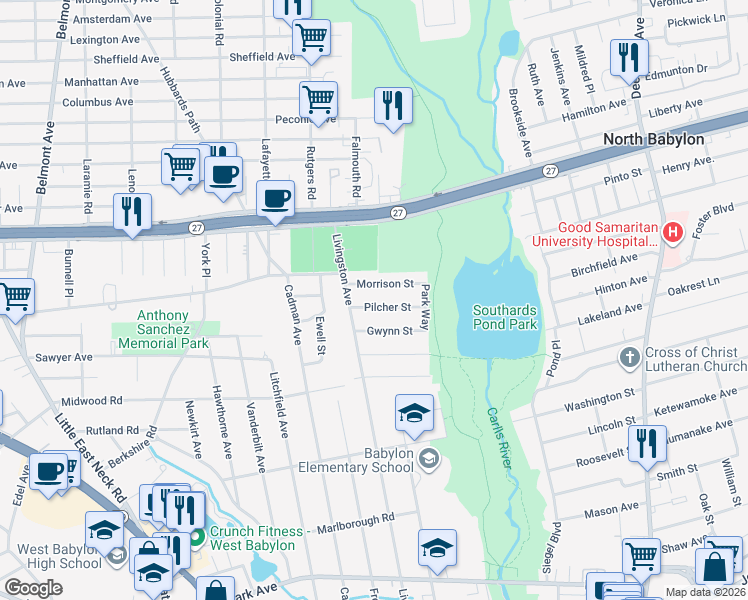 map of restaurants, bars, coffee shops, grocery stores, and more near 618 Morrison Street in Babylon