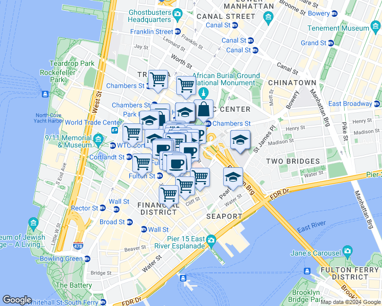 map of restaurants, bars, coffee shops, grocery stores, and more near 44 Frankfort Street in New York