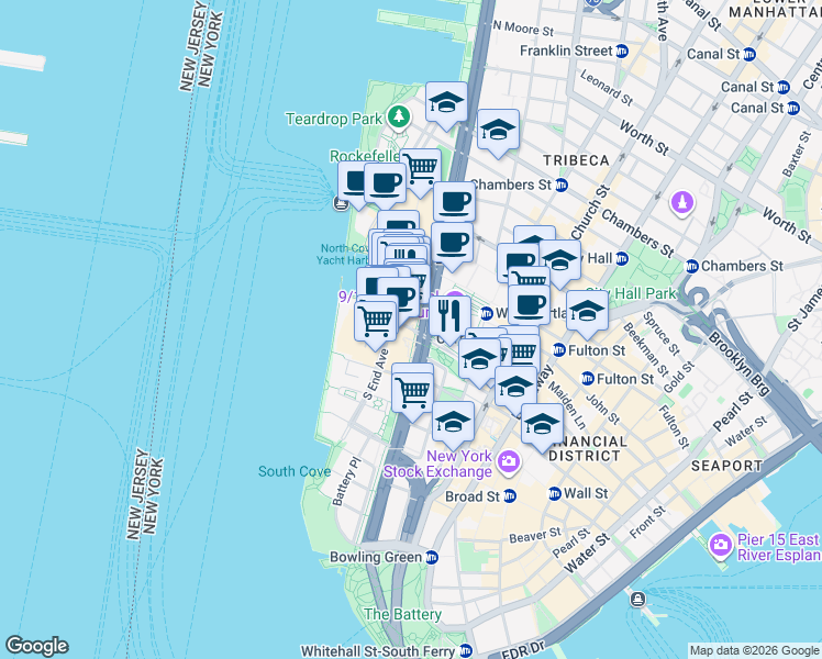 map of restaurants, bars, coffee shops, grocery stores, and more near 45 Liberty Street in New York