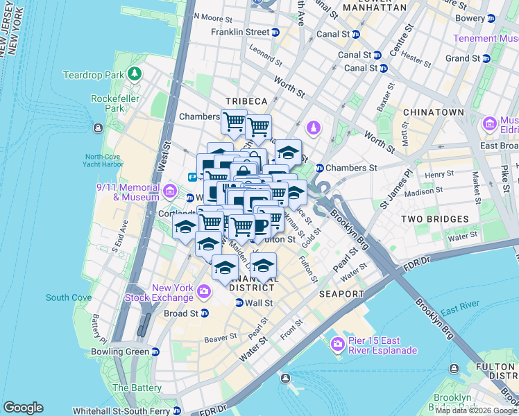 map of restaurants, bars, coffee shops, grocery stores, and more near 15 Park Row in New York