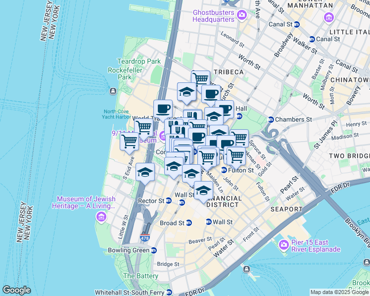 map of restaurants, bars, coffee shops, grocery stores, and more near 195 Greenwich Street in New York