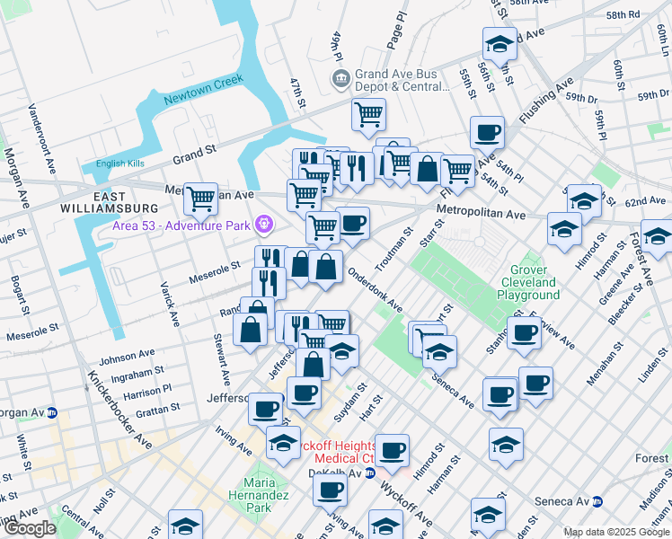 map of restaurants, bars, coffee shops, grocery stores, and more near 18-27 Flushing Avenue in Queens