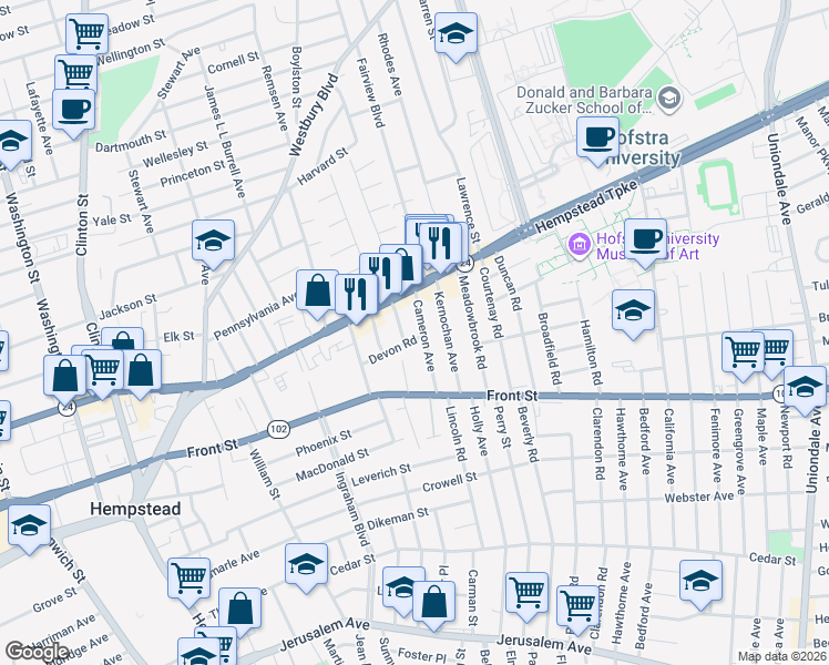 map of restaurants, bars, coffee shops, grocery stores, and more near 35 Cameron Avenue in Hempstead