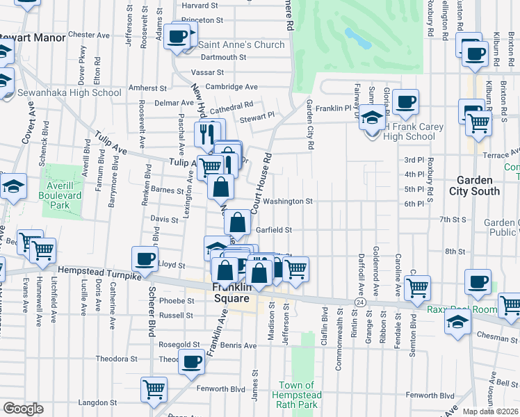 map of restaurants, bars, coffee shops, grocery stores, and more near 911 Washington Street in Franklin Square