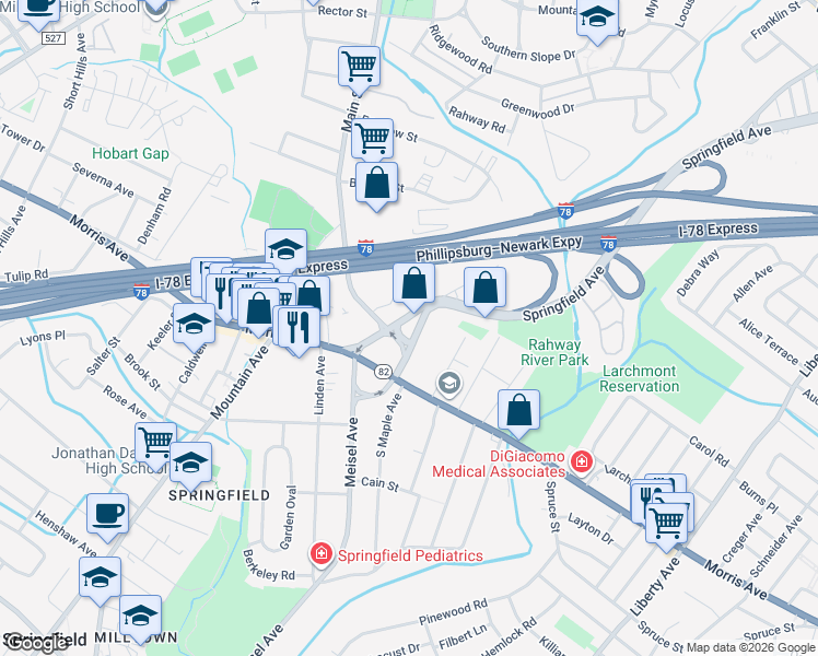 map of restaurants, bars, coffee shops, grocery stores, and more near 60 Springfield Avenue in Springfield