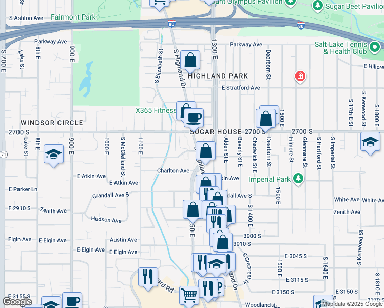 map of restaurants, bars, coffee shops, grocery stores, and more near 2760 Highland Drive in Salt Lake City