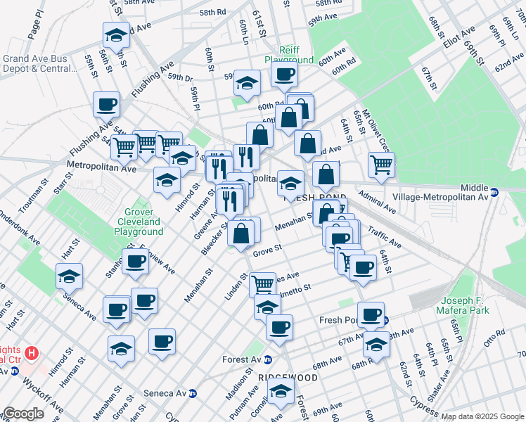 map of restaurants, bars, coffee shops, grocery stores, and more near 62-78 60th Place in Queens