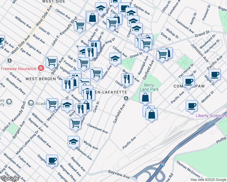 map of restaurants, bars, coffee shops, grocery stores, and more near 283 Arlington Avenue in Jersey City