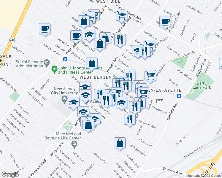map of restaurants, bars, coffee shops, grocery stores, and more near 104 Orient Avenue in Jersey City