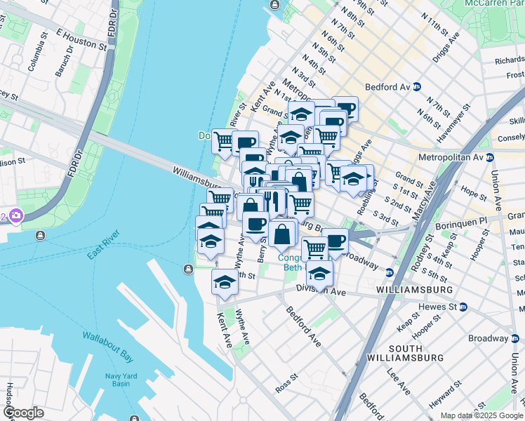 map of restaurants, bars, coffee shops, grocery stores, and more near 108 South 5th Street in Brooklyn