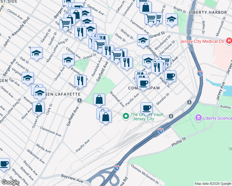 map of restaurants, bars, coffee shops, grocery stores, and more near 141 Van Horne Street in Jersey City
