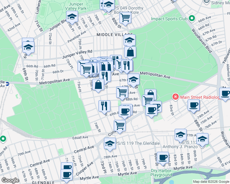 map of restaurants, bars, coffee shops, grocery stores, and more near 67-56 79th Street in Queens