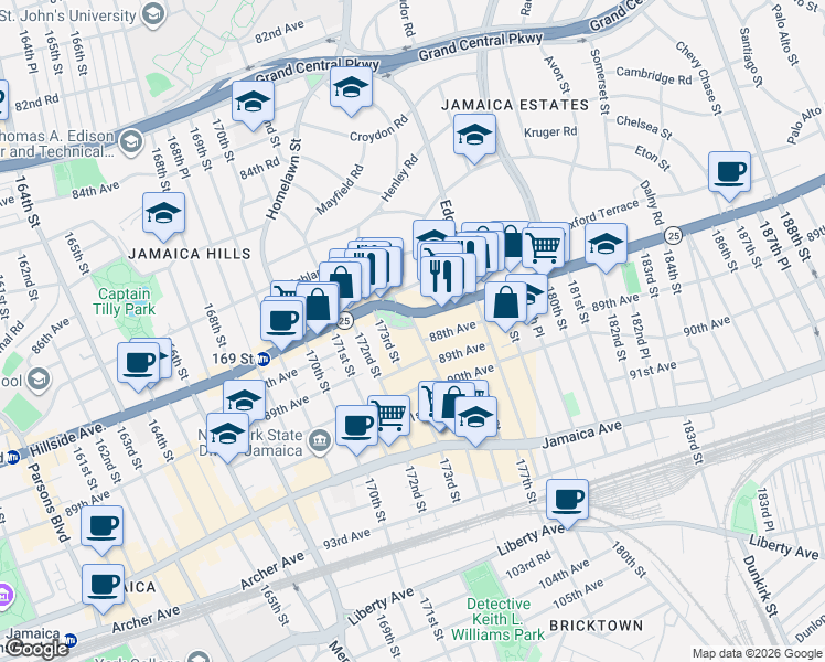 map of restaurants, bars, coffee shops, grocery stores, and more near 87-12 175th Street in Queens