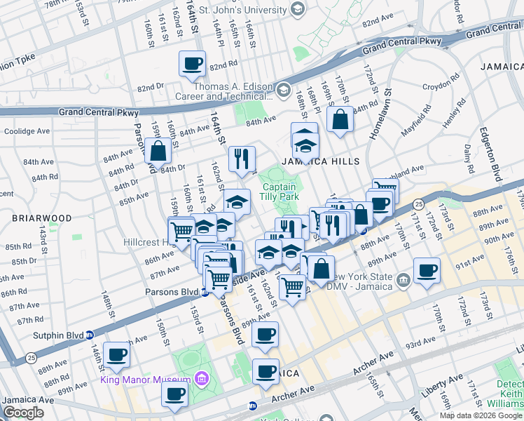 map of restaurants, bars, coffee shops, grocery stores, and more near 164-07 86th Road in Queens