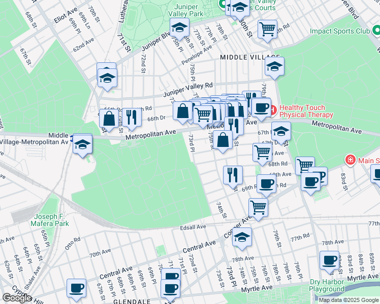 map of restaurants, bars, coffee shops, grocery stores, and more near 67-42 73rd Place in Queens