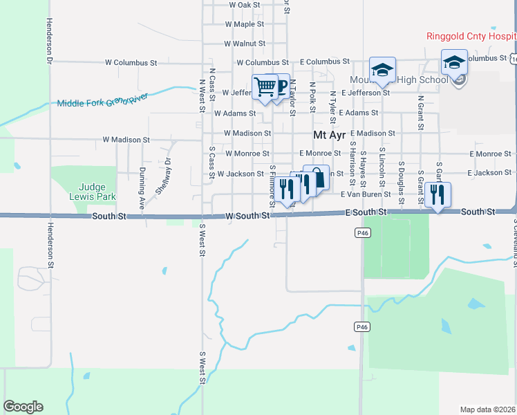 map of restaurants, bars, coffee shops, grocery stores, and more near 401-499 S Fillmore St in Mt Ayr