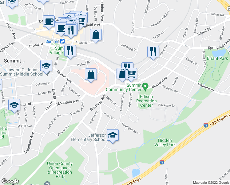 map of restaurants, bars, coffee shops, grocery stores, and more near 146 Morris Avenue in Summit