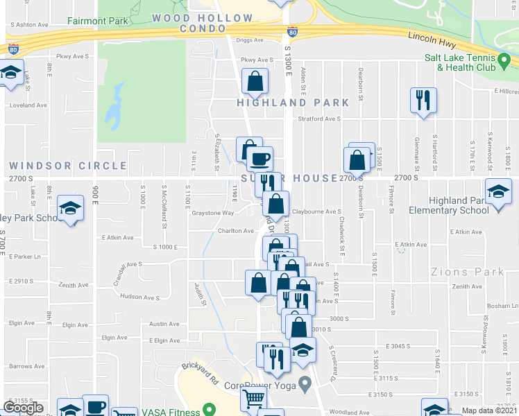 map of restaurants, bars, coffee shops, grocery stores, and more near 2760 Highland Drive in Salt Lake City