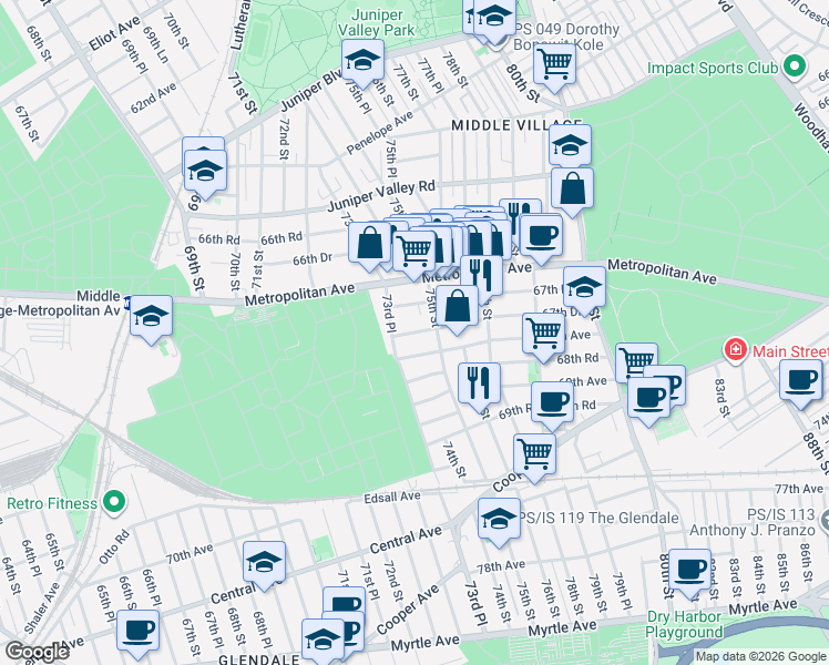 map of restaurants, bars, coffee shops, grocery stores, and more near 73-21 67th Drive in Queens