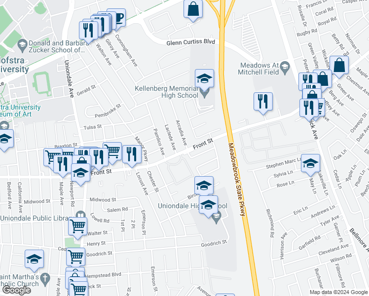 map of restaurants, bars, coffee shops, grocery stores, and more near 1263 Front Street in Uniondale