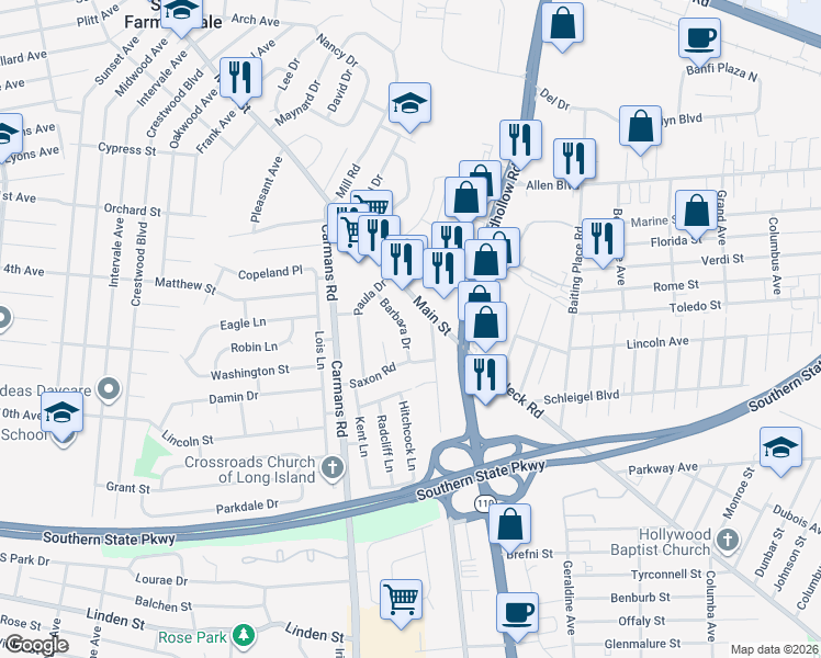 map of restaurants, bars, coffee shops, grocery stores, and more near 15 Barbara Drive in Farmingdale