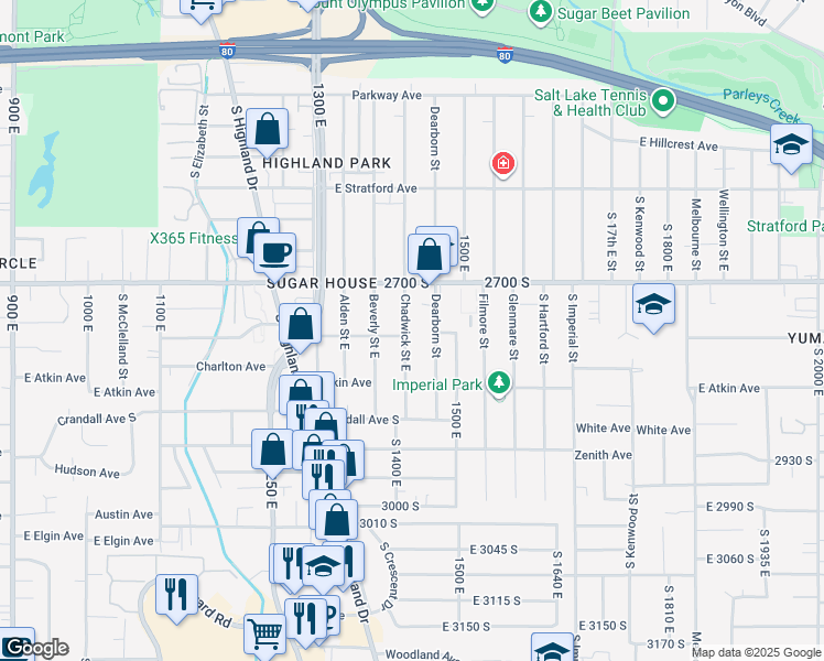 map of restaurants, bars, coffee shops, grocery stores, and more near 2759 Chadwick Street East in Salt Lake City