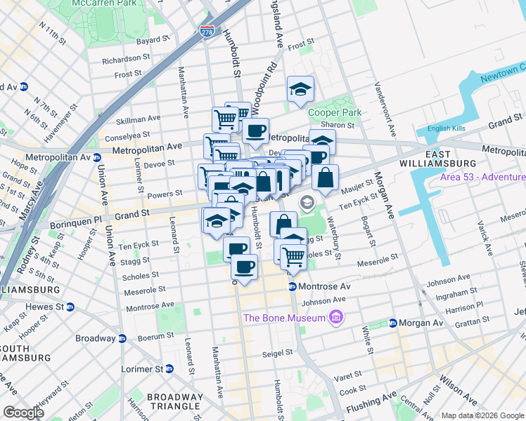 map of restaurants, bars, coffee shops, grocery stores, and more near 215 Maujer Street in Brooklyn