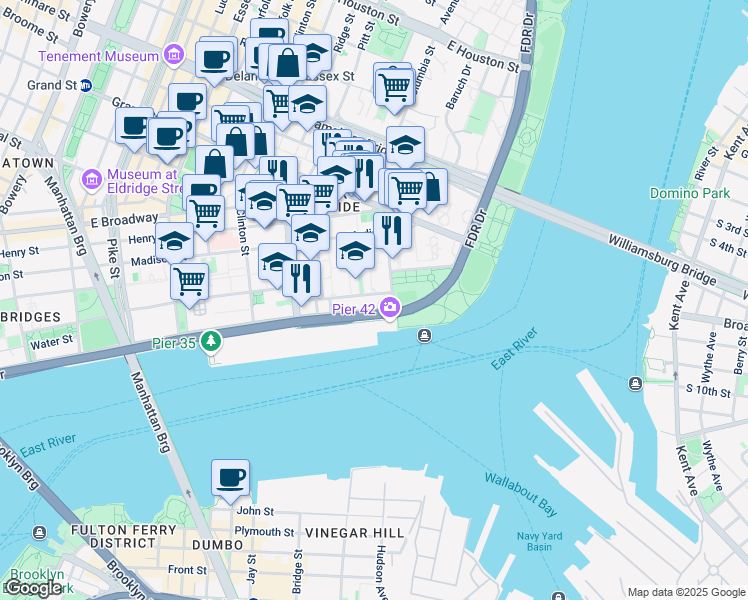 map of restaurants, bars, coffee shops, grocery stores, and more near 675 Water Street in New York