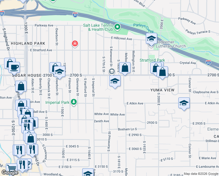 map of restaurants, bars, coffee shops, grocery stores, and more near 2749 Sonnet Drive in Salt Lake City