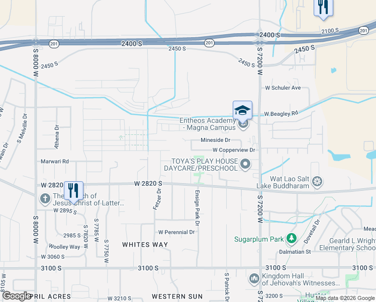 map of restaurants, bars, coffee shops, grocery stores, and more near 2676 Copperview Drive in Magna